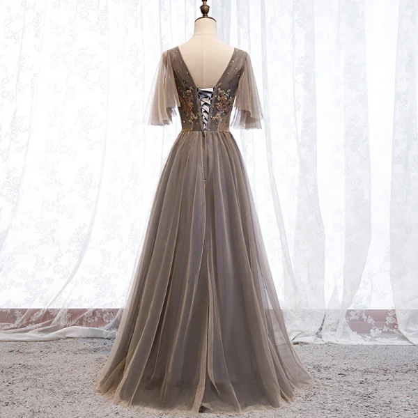 Elegant Brown Evening Dresses 2019 A-Line / Princess V-Neck Beading Rhinestone Sequins Lace Flower Short Sleeve Backless Floor-Length / Long Formal Dresses