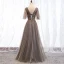Elegant Brown Evening Dresses  2019 A-Line / Princess V-Neck Beading Rhinestone Sequins Lace Flower Short Sleeve Backless Floor-Length / Long Formal Dresses