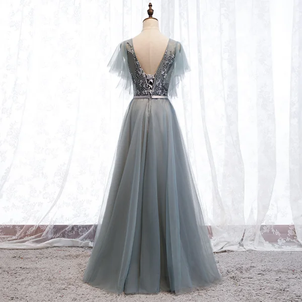 Elegant Grey Evening Dresses  2019 A-Line / Princess V-Neck Beading Sequins Lace Flower Sash Short Sleeve Backless Floor-Length / Long Formal Dresses