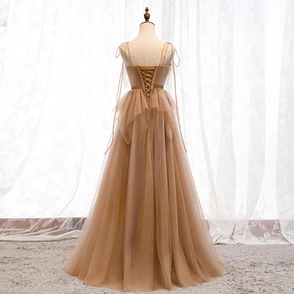 Modern / Fashion Brown Evening Dresses 2019 A-Line / Princess Spaghetti Straps Beading Sequins Lace Flower Sleeveless Backless Floor-Length / Long Formal Dresses