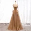 Modern / Fashion Brown Evening Dresses  2019 A-Line / Princess Spaghetti Straps Beading Sequins Lace Flower Sleeveless Backless Floor-Length / Long Formal Dresses