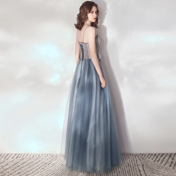 Charming Ocean Blue Prom Dresses 2019 A-Line / Princess Unusual Spaghetti Straps Lace Flower Appliques Sleeveless Backless Floor-Length / Long Formal Dresses