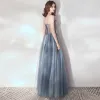 Charming Ocean Blue Prom Dresses 2019 A-Line / Princess Unusual Spaghetti Straps Lace Flower Appliques Sleeveless Backless Floor-Length / Long Formal Dresses
