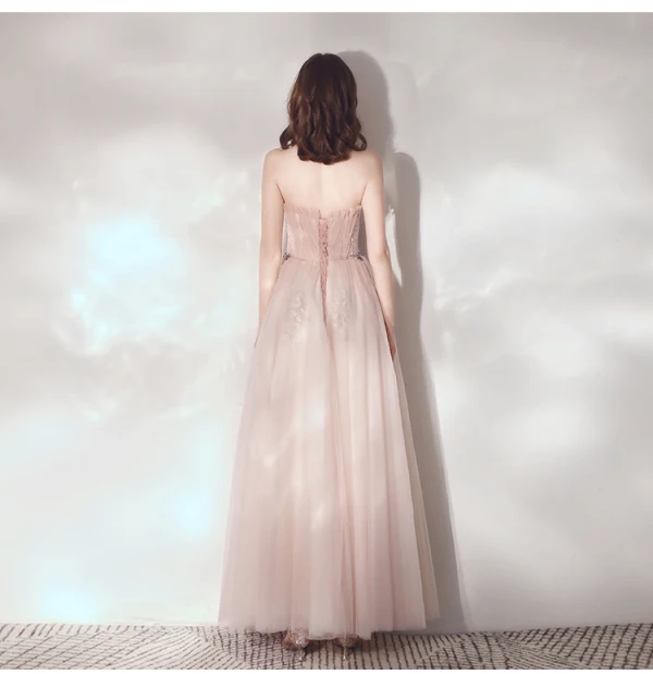 Élégant Rougissant Rose Robe De Soirée 2019 Princesse Volants Bustier En Dentelle Fleur Sans Manches Dos Nu Longueur Cheville Robe De Ceremonie