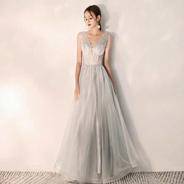 Classy Grey Evening Dresses 2019 A-Line / Princess V-Neck Beading Sleeveless Backless Floor-Length / Long Formal Dresses