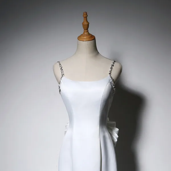 Elegante Ivory / Creme Abendkleider 2018 Mermaid Schleife Spaghettiträger Rückenfreies Ärmellos Sweep / Pinsel Zug Festliche Kleider