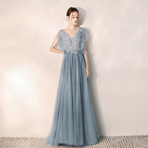Elegant Sky Blue Evening Dresses  2019 A-Line / Princess V-Neck Beading Lace Flower Short Sleeve Backless Floor-Length / Long Formal Dresses