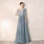 Elegant Sky Blue Evening Dresses  2019 A-Line / Princess V-Neck Beading Lace Flower Short Sleeve Backless Floor-Length / Long Formal Dresses