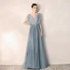 Elegant Sky Blue Evening Dresses  2019 A-Line / Princess V-Neck Beading Lace Flower Short Sleeve Backless Floor-Length / Long Formal Dresses