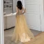 Sexy Jaune Robe De Soirée 2019 Princesse V-Cou Paillettes Sans Manches Dos Nu Longue Robe De Ceremonie