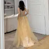Sexy Yellow Evening Dresses  2019 A-Line / Princess V-Neck Sequins Sleeveless Backless Floor-Length / Long Formal Dresses