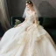 Luxury / Gorgeous Champagne Wedding Dresses 2019 Ball Gown Off-The-Shoulder Beading Pearl Crystal Tassel Lace Flower Short Sleeve Backless Cascading Ruffles Cathedral Train