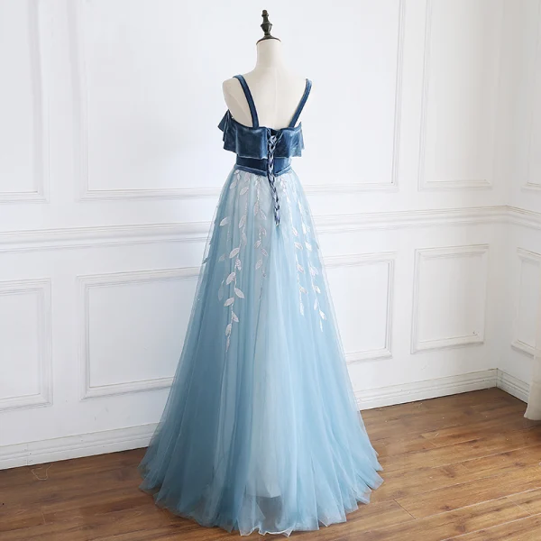 Modern / Fashion Pool Blue Prom Dresses 2019 A-Line / Princess Suede Spaghetti Straps Sequins Lace Flower Sleeveless Backless Floor-Length / Long Formal Dresses