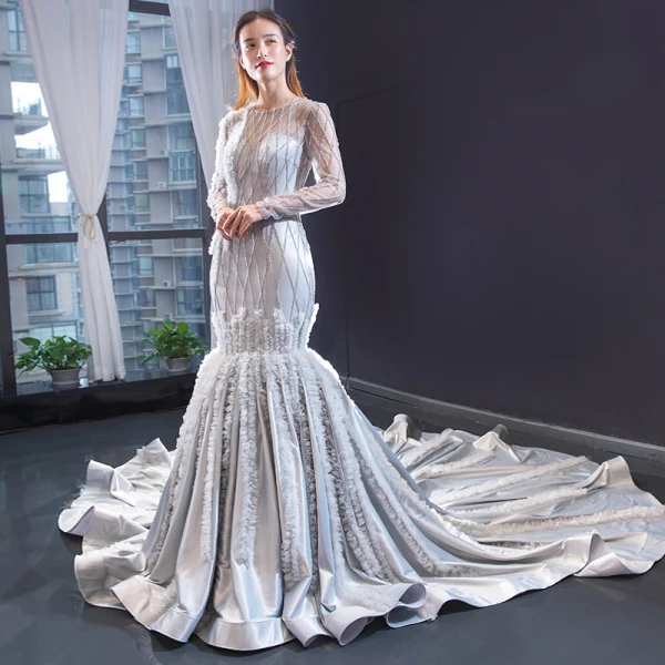 Elegant Silver Evening Dresses 2019 Trumpet / Mermaid Scoop Neck Beading Long Sleeve Backless Cathedral Train Formal Dresses