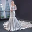 Elegant Silver Evening Dresses  2019 Trumpet / Mermaid Scoop Neck Beading Long Sleeve Backless Cathedral Train Formal Dresses