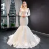 Luxury / Gorgeous Ivory Wedding Dresses 2019 Trumpet / Mermaid Scoop Neck Beading Sequins Lace Flower Long Sleeve Backless Detachable Chapel Train