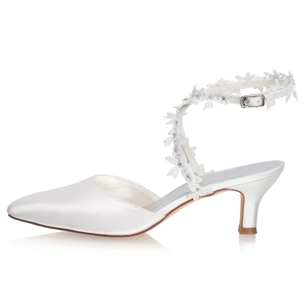 Simple Ivoire Satin Chaussure De Mariée 2021 Bride Cheville Faux Diamant En Dentelle Fleur 5 cm Talons Aiguilles À Bout Pointu Mariage Talons Hauts