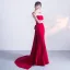 Chic / Belle Bordeaux Robe De Soirée 2018 Trompette / Sirène En Dentelle Appliques Noeud Encolure Dégagée Sans Manches Train De Balayage Robe De Ceremonie