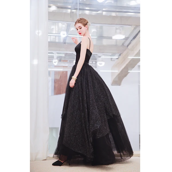 Chic / Belle Noire Robe De Bal 2019 Princesse Bretelles Spaghetti Sans Manches Dos Nu Paillettes Longue Robe De Ceremonie