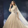 Charming Champagne Wedding Dresses 2019 A-Line / Princess Scoop Neck Lace Flower Beading Sequins 1/2 Sleeves Backless Cathedral Train Wedding