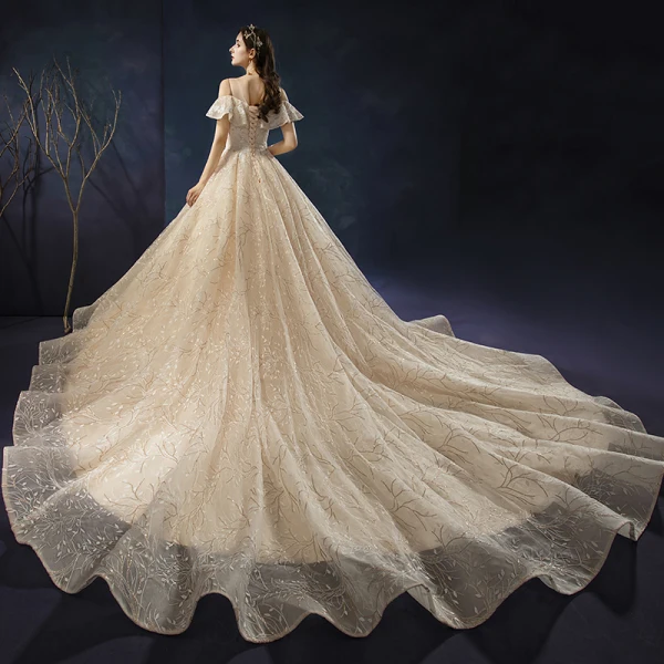 Charmant Champagne Robe De Mariée 2019 Princesse Encolure Dégagée Paillettes En Dentelle Fleur Sans Manches Dos Nu Cathedral Train