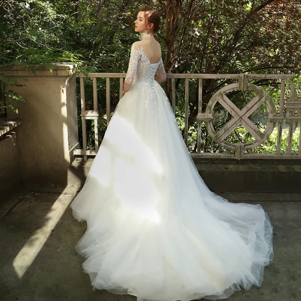Elegant Ivory Wedding Dresses 2019 A-Line / Princess Scoop Neck Lace Flower 1/2 Sleeves Backless Chapel Train