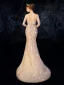 Haut de Gamme Champagne Robe De Mariée 2019 Trompette / Sirène Encolure Dégagée Perlage Faux Diamant Paillettes En Dentelle Fleur Manches Longues Dos Nu Détachable Chapel Train