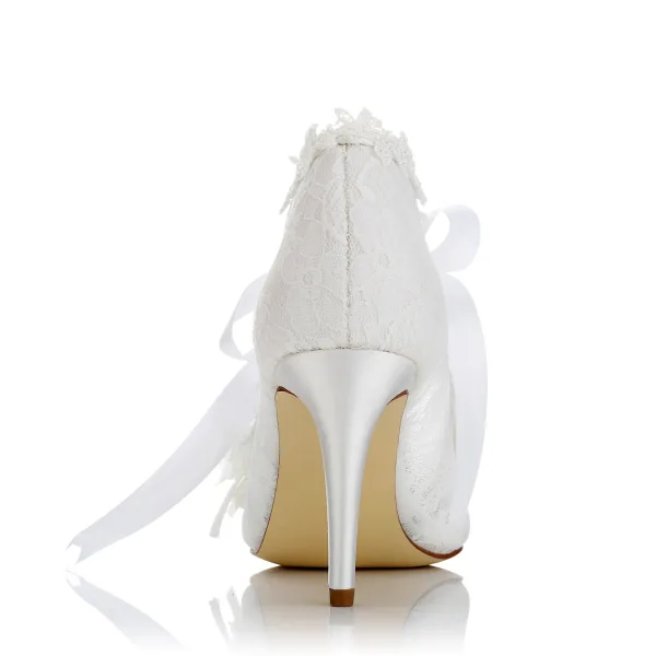Eleganta Elfenben Satin Brudskor 2021 Rosett Pärla Spets Blomma 8 cm Stilettklackar Spetsiga Bröllop Pumps Högklackade