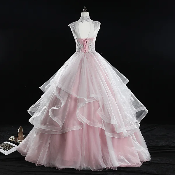 Classy Blushing Pink Prom Dresses 2019 Ball Gown High Neck Beading Sequins Pearl Lace Flower Sleeveless Backless Cascading Ruffles Floor-Length / Long Formal Dresses