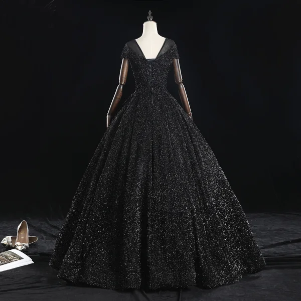 Classy Black Prom Dresses 2019 A-Line / Princess Scoop Neck Beading Crystal Pearl Rhinestone Lace Flower Short Sleeve Backless Floor-Length / Long Formal Dresses