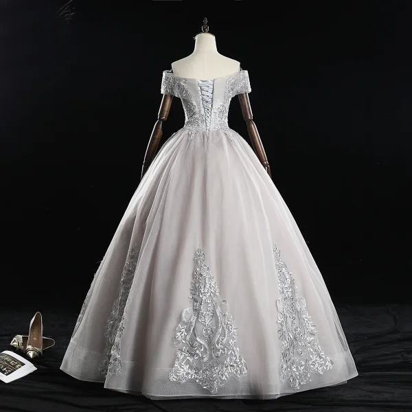 Elegant Grey Prom Dresses 2019 A-Line / Princess Off-The-Shoulder Pearl Lace Flower Short Sleeve Backless Floor-Length / Long Formal Dresses