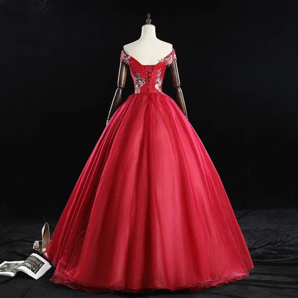 Chic / Beautiful Burgundy Prom Dresses 2019 Ball Gown Off-The-Shoulder Pearl Rhinestone Lace Flower Sleeveless Backless Floor-Length / Long Formal Dresses