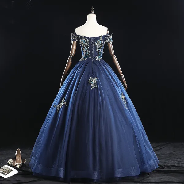 Vintage / Retro Navy Blue Prom Dresses 2019 A-Line / Princess Off-The-Shoulder Pearl Lace Flower Sleeveless Backless Floor-Length / Long Formal Dresses