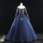Vintage / Retro Navy Blue Prom Dresses 2019 A-Line / Princess Off-The-Shoulder Pearl Lace Flower Sleeveless Backless Floor-Length / Long Formal Dresses