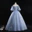 Chic / Beautiful Sky Blue Prom Dresses 2019 Ball Gown Off-The-Shoulder Bow Lace Flower Ruffle Short Sleeve Backless Floor-Length / Long Formal Dresses