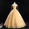 Classic Gold Quinceañera Prom Dresses 2019 Ball Gown Off-The-Shoulder Beading Sequins Lace Flower Sleeveless Backless Floor-Length / Long Formal Dresses