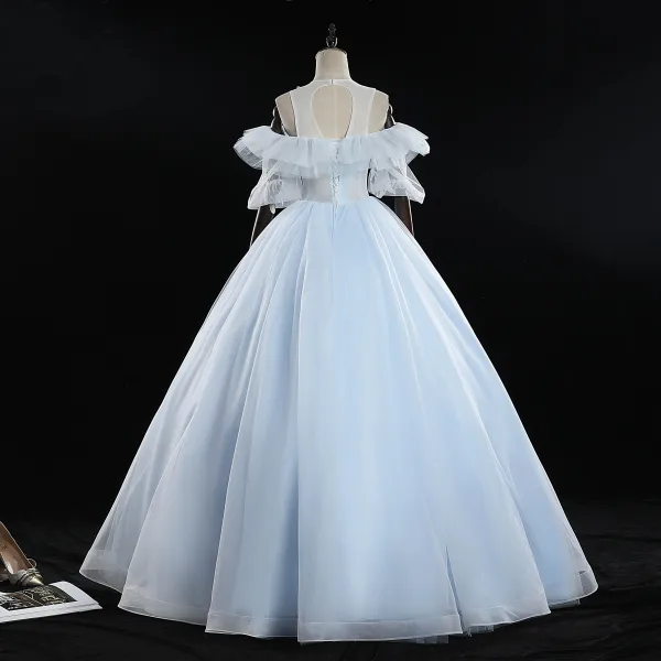 Classy Sky Blue Prom Dresses 2019 Ball Gown Scoop Neck Pearl Lace Flower Appliques Short Sleeve Backless Floor-Length / Long Formal Dresses