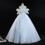 Classy Sky Blue Prom Dresses 2019 Ball Gown Scoop Neck Pearl Lace Flower Appliques Short Sleeve Backless Floor-Length / Long Formal Dresses