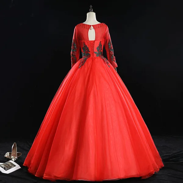 Elegant Red Prom Dresses 2019 Ball Gown Scoop Neck Beading Tassel Rhinestone Lace Flower Long Sleeve Backless Floor-Length / Long Formal Dresses
