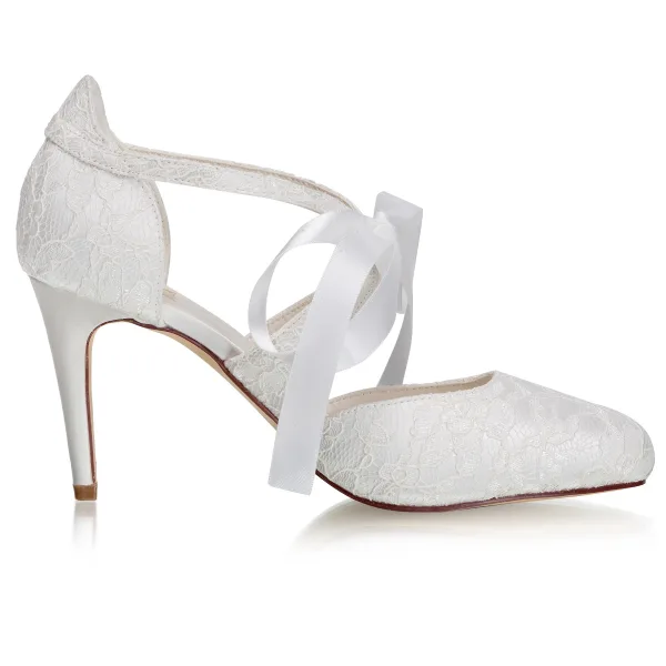 Elegant Ivory Satin Lace Wedding Shoes 2021 Bow 8 cm Stiletto Heels Pointed Toe Wedding High Heels