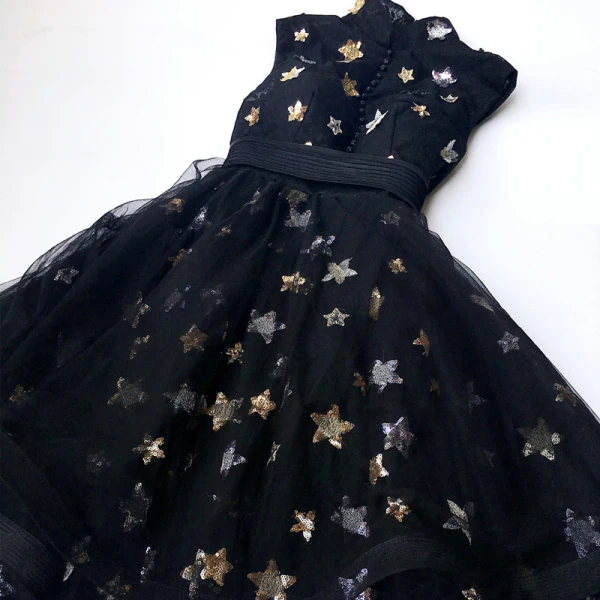 Style Chinois Noire Robe De Fete 2018 Robe Boule Paillettes Étoile Col Haut Sans Manches Courte Robe De Ceremonie
