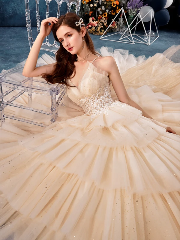 High-end Champagne Wedding Dresses 2019 Ball Gown Spaghetti Straps Beading Sequins Lace Flower Sleeveless Backless Cascading Ruffles Royal Train