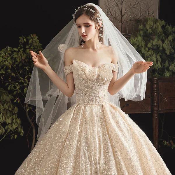 Charming Champagne Wedding Dresses 2019 A-Line / Princess Off-The-Shoulder Beading Sequins Lace Flower Sleeveless Backless Cathedral Train
