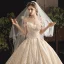 Charming Champagne Wedding Dresses 2019 A-Line / Princess Off-The-Shoulder Beading Sequins Lace Flower Sleeveless Backless Cathedral Train