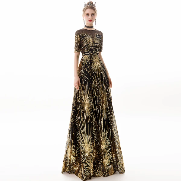 Chic / Beautiful Black Gold Evening Dresses 2019 A-Line / Princess Scoop Neck Sequins Rhinestone Short Sleeve Floor-Length / Long Formal Dresses