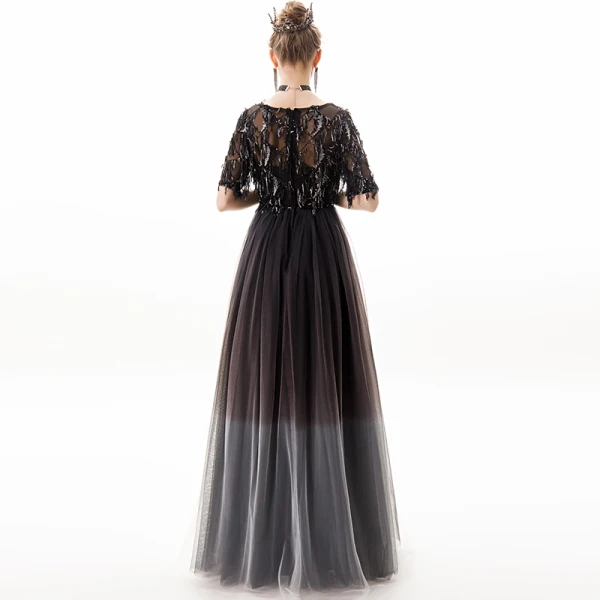Chic / Belle Noire Argenté Robe De Soirée 2019 Princesse Encolure Dégagée Paillettes Gland 1/2 Manches Longue Robe De Ceremonie