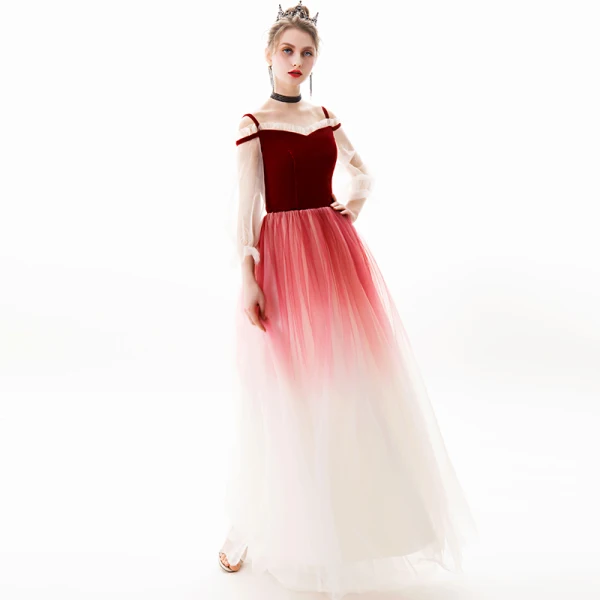Modern / Fashion Burgundy Evening Dresses 2019 A-Line / Princess Square Neckline Suede 3/4 Sleeve Backless Floor-Length / Long Formal Dresses