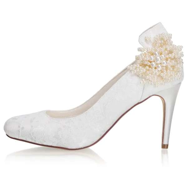 Eleganta Elfenben Satin Spets Pärla Brudskor 2021 8 cm Stilettklackar Spetsiga Bröllop Pumps Högklackade