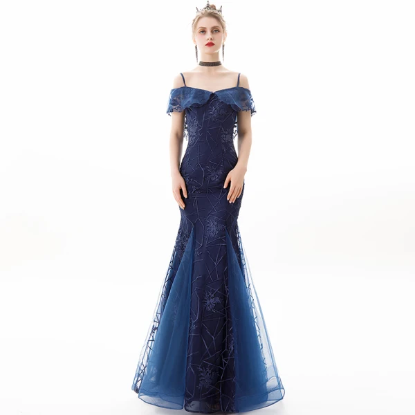 Charmant Bleu Marine Robe De Soirée 2019 Trompette / Sirène De l'épaule En Dentelle Fleur Manches Courtes Dos Nu Longue Robe De Ceremonie