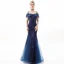 Charmant Bleu Marine Robe De Soirée 2019 Trompette / Sirène De l'épaule En Dentelle Fleur Manches Courtes Dos Nu Longue Robe De Ceremonie